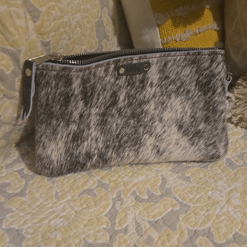 W G Gray and White Textured leather Clutch